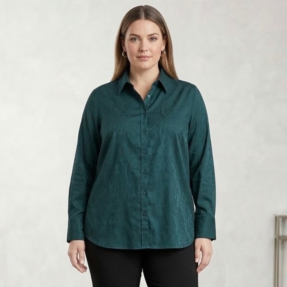 Chicos 3 US 16 Green Paisley Jacquard Button Down Shirt Stretch Cotton 
Blend